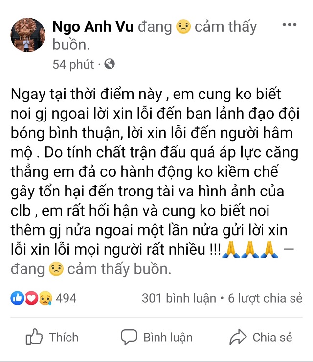 STT cầu thủ Ngô Anh Vũ đã gửi lời xin lỗi đến trọng tài, CLB và người hâm mộ STT cầu thủ Ngô Anh Vũ đã gửi lời xin lỗi đến trọng tài, CLB và người hâm mộ