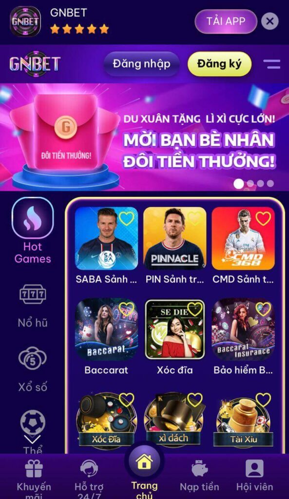 Giao diện trang chủ Gnbet cực sành điệu với tông màu tím chủ đạo