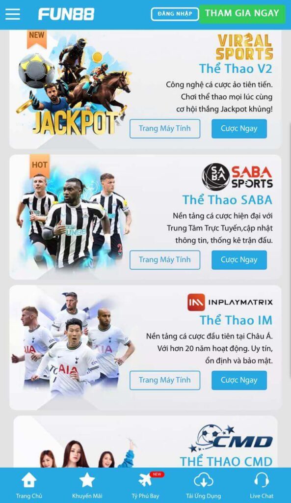 Giao diện nhà cái Fun88 với nhiều thể loại giải trí